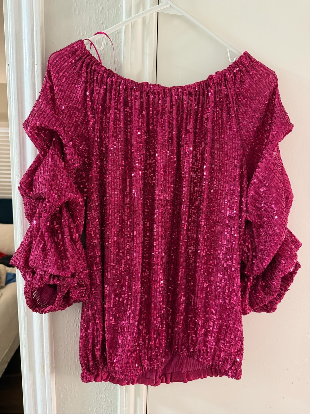 CeCe Sequin Ruffle Sleeve Off-Shoulder Top